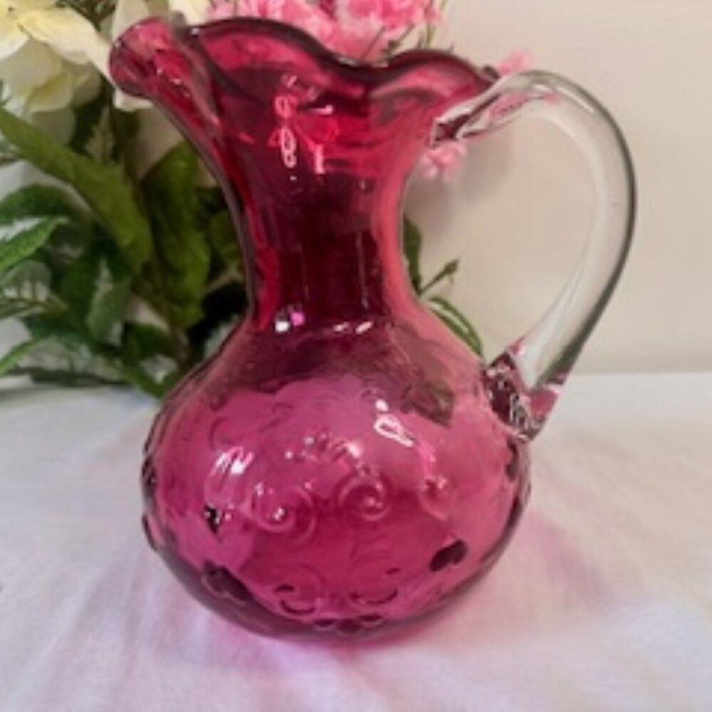 Vintage Cranberry Glass Pitcher –‎ 20 oz Clear Handle Swirl Design